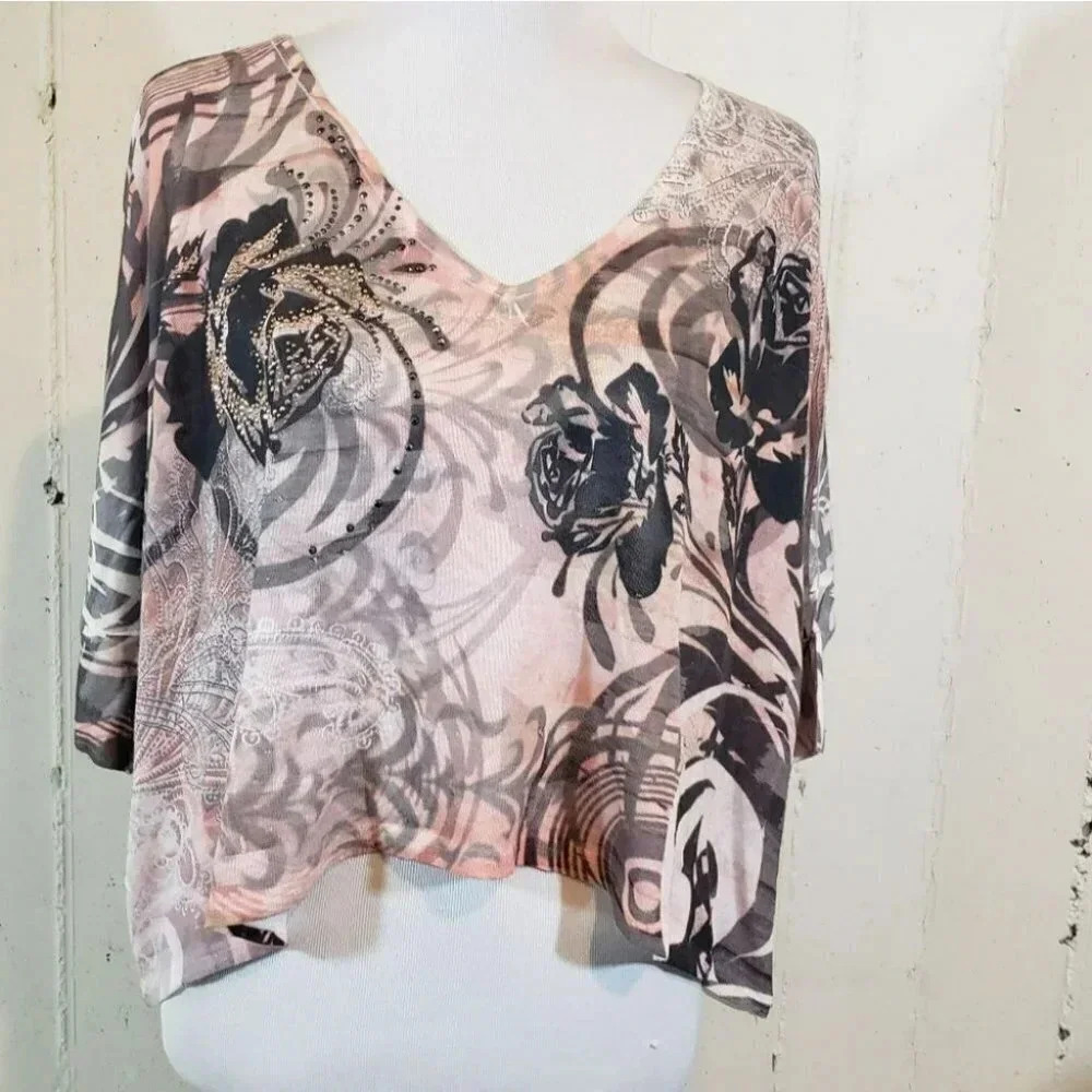 Vintage Mandee L printed and jeweled cropped LW sweater‎ Fairy Whimpsygoth